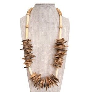 Natural Wood Coconut Shell Slice Statement Necklace Tribal Boho Vintage